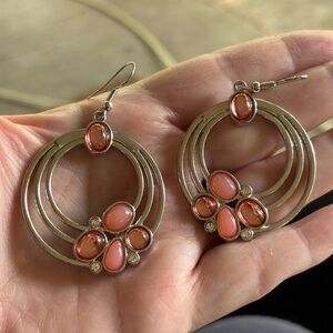Silver Tone Hanging Hoop Drop Earrings with Pink and ClearCabochons NFS